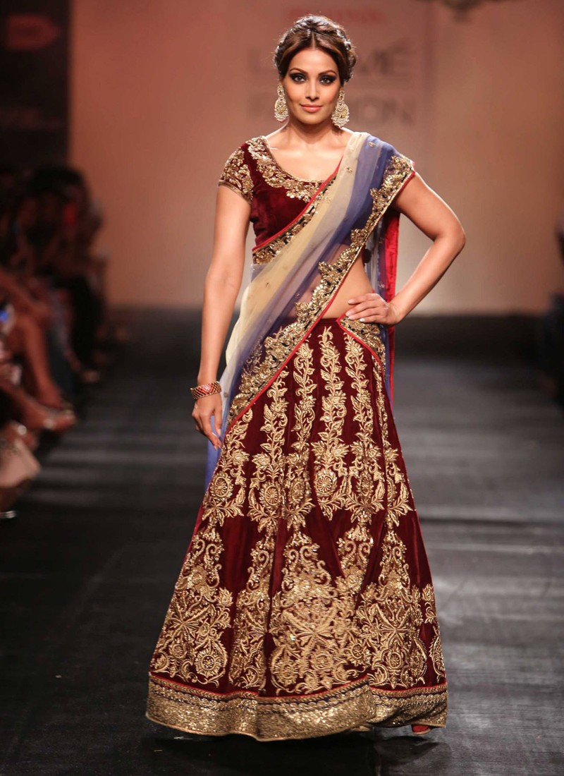 Bipasha Basu Maroon Indian Bridal Lehenga Choli with Antique Gold Floral Embroidery at Zikimo