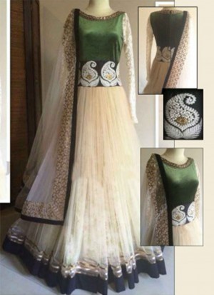 BEIGE AND GREEN VELVET EMBROIDERY DESIGNERY PARTY WEAR GOWN AT ZIKIMO