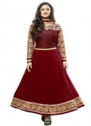 BROWN AND GOLD EMBRIODERY WORK GEORGETTE A LINE ANARKALI SUIT AT ZIKIMO