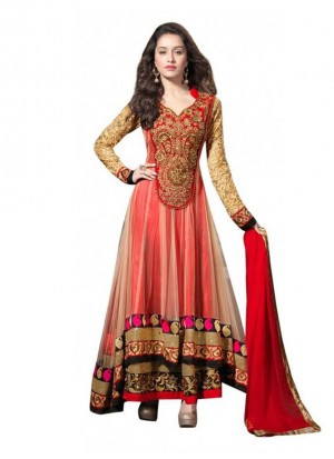 Shraddha Kapoor Designer Net And Georgette Red and Biege Party Wear Anarkali Suit at zikimo