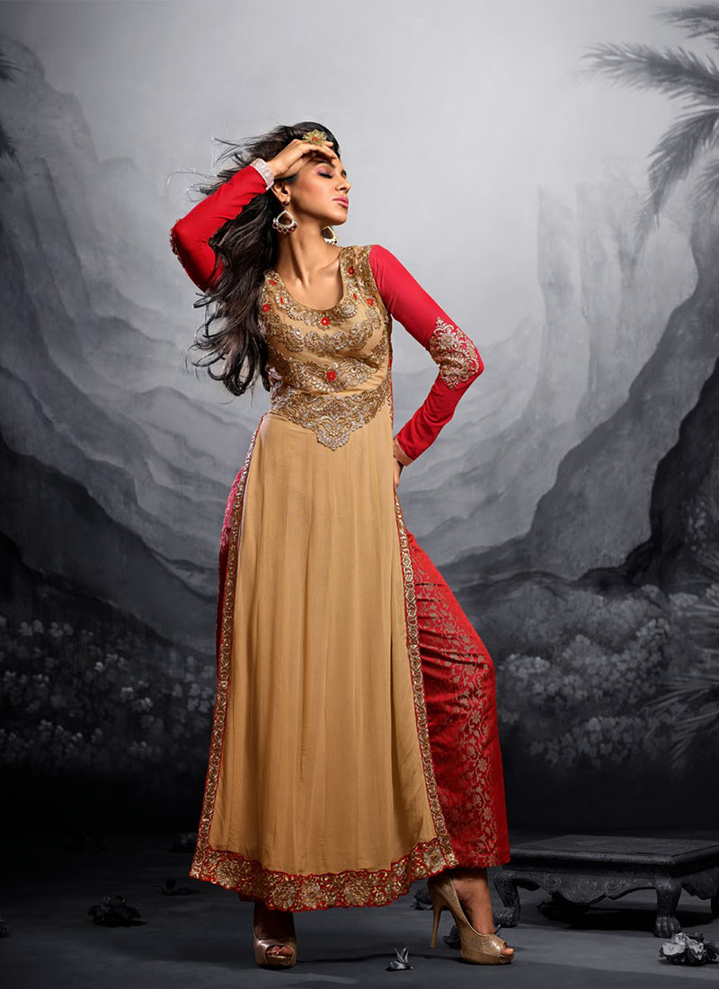 Maskeen 12003 Biege Georgette Top With Silk Jaqcuard Red Pants/Plazo Party Wear suit at Zikimo