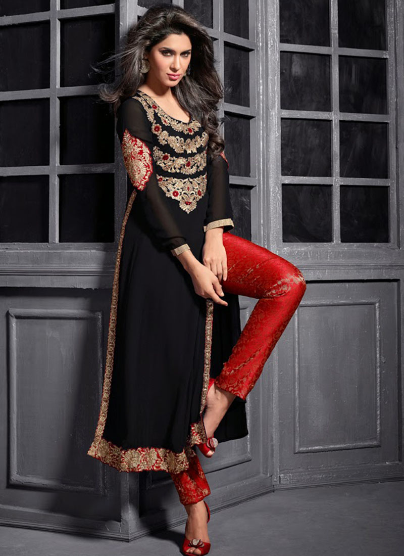 Maskeen 12004 Black Georgette Top With Silk Jaqcuard Red Pants/Plazo Party Wear suit at Zikimo