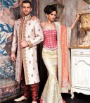 provocative Peach And Gold Fish Cut designer bridal Lehenga