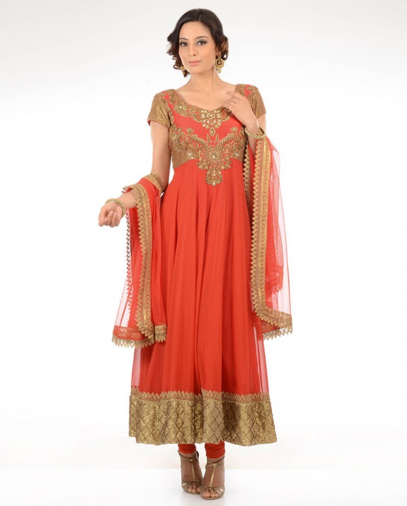 Enhancing Georgette fabric Red Embroidered Yoke Suit