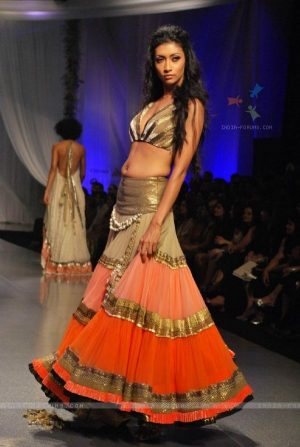 Astonishing Multi blush lehenga with golden touch on chiffon and georgette fabric