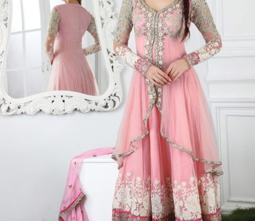 Delightful Peach party wear Anarkali net fabric Churidar Kameez 1 Delightful Peach party wear Anarkali net fabric Churidar Kameez