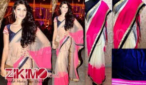 Jacqueline beige and neon pink saree