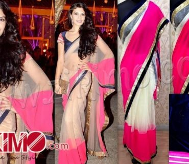 Jacqueline beige and neon pink saree