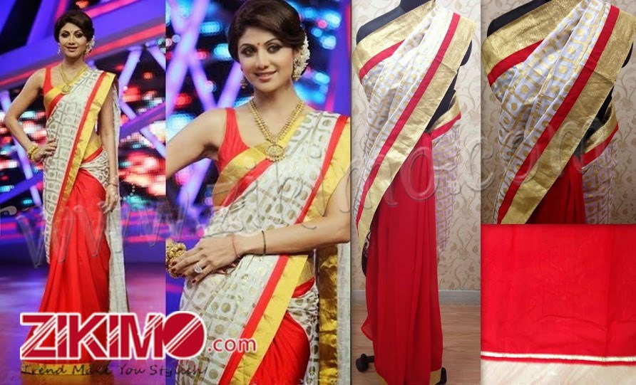 Shilpa Shetty white and red designer half and half saree.