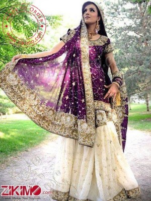 Unique Purple And off White Embroidered Bridal Dress With Embroidery Work