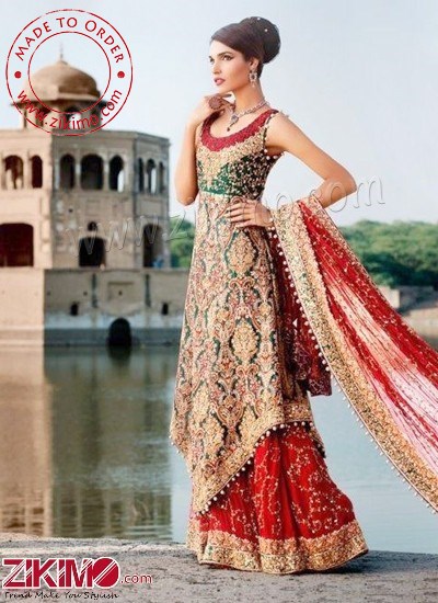 Get Posh Look With This Heavy Royal Red And Green Bridal Lehenga