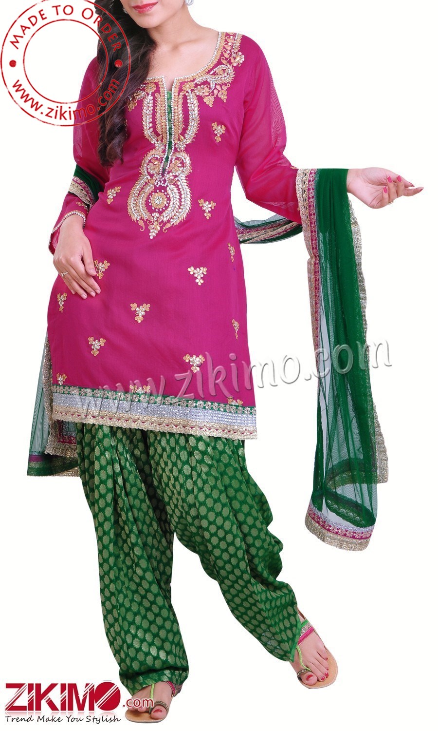 Smashing Magenta and Green Chanderi Patiala Salwar Suit