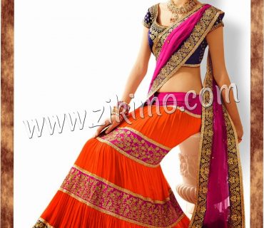 Orange and Pink Georgette Net Lehenga Saree 1 Orange and Pink Georgette Net Lehenga Saree