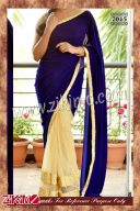 Royal Blue and Cream Color Velvet and Net Saree