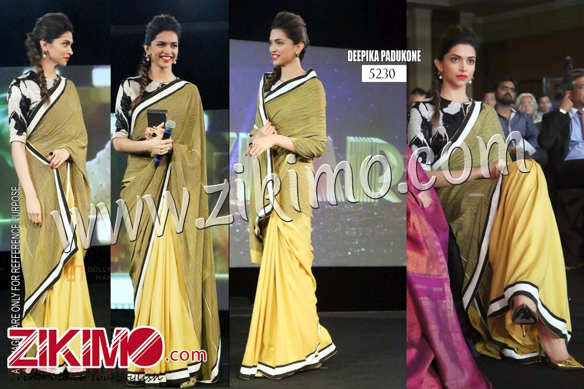 Deepika Padukone Yellow Georgette Replica Saree with Velvet Blouse