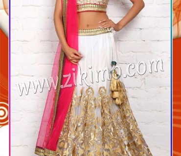 White Pure Net Golden embroidered Replica lehenga Choli with Pink Duppta