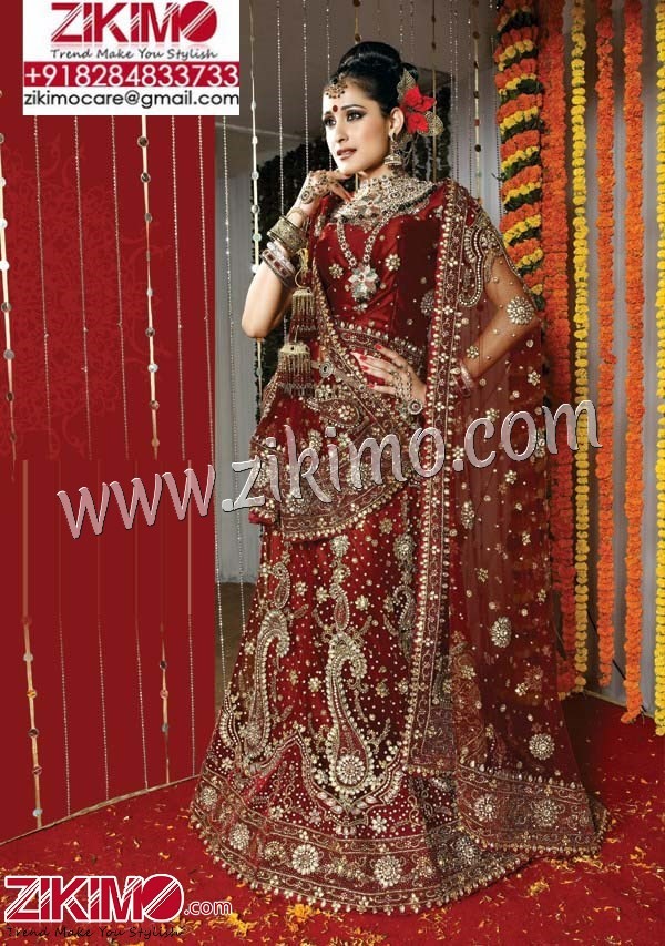 Matchless Maroon Bridal Lehenga with Jarkan jall,Cutdana and chain work
