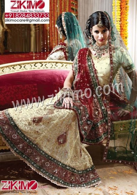 Enthralling Cream Green Wedding Lehenga with Jarkan,chain and velvat patch