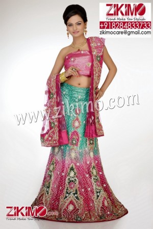 Beautiful Pink Sea Green Wedding Net Fabric Lehenga with beads, cutdana, stones and zari work
