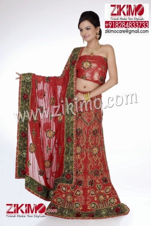Light Red Color Indian Ethnic Wedding Georgette Lehenga with beads, cutdana work
