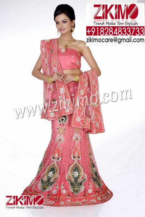 Splendid Pink With Green Embroidery work Indian Wedding Lehenga having beads, cutdana work