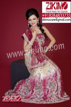 Indian traditional Peachand maroon Indian Wedding Lehenga having beads, cutdana work