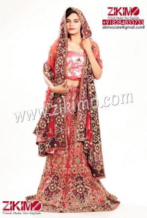 Light Red Wedding Lehenga with Cutdana and antique nakshi Work