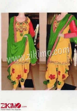 Yellow Embroidered Punjabi Salwar Kameez With Green Dupatta