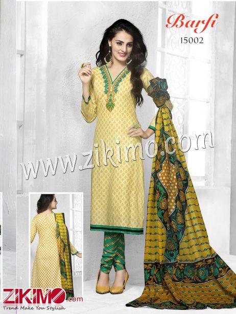 Barfi LightYellow and Green Cotton Un-stitched Daily Wear Straight Suit With Cotton Dupatta 15002