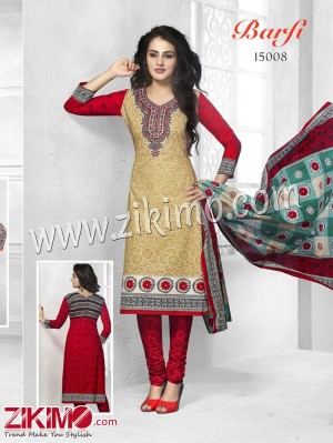 Barfi Beige and Crimson Cotton Un-stitched Daily Wear Straight Suit With Cotton Dupatta 15008