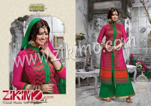 Darpan Magenta and Green Cotton Semi-stitched Party Wear Straight Suit With Chiffon Dupatta 6503