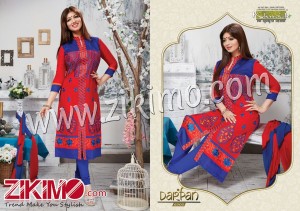Darpan Red and RoyalBlue Cotton Semi-stitched Party Wear Straight Suit With Chiffon Dupatta 6505