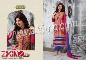 Darpan HotPink and RoyalBlue Cotton Semi-stitched Party Wear Straight Suit With Chiffon Dupatta 6506