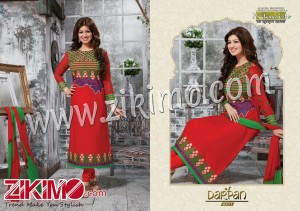 Darpan Red and Green Lawn Cotton Semi-stitched Party Wear Straight Suit With Chiffon Dupatta 6511