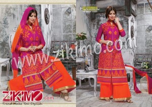 Darpan Magenta and Orange Cotton Semi-stitched Party Wear Straight Suit With Chiffon Dupatta 6512