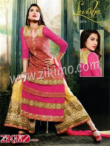 Gauhar Khan Pink and Cream Embroidered Georgette and Net Semi-Stitched Suit with Chiffon Dupatta 3014 1 Gauhar Khan Pink and Cream Embroidered Georgette and Net Semi-Stitched Suit with Chiffon Dupatta 3014