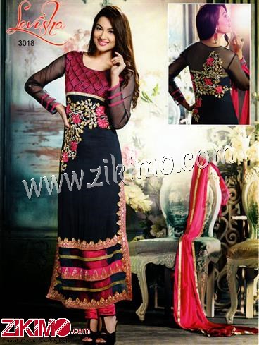 Gauhar Khan Black and Pink Embroidered Georgette Semi-Stitched Straight Suit with Chiffon Dupatta 3018 1 Gauhar Khan Black and Pink Embroidered Georgette Semi-Stitched Straight Suit with Chiffon Dupatta 3018