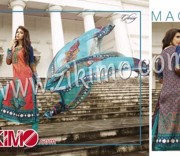 CarrotPink and AquaMarine Printed Cotton Satin Un-stitched Straight Suit With Bamberg Dupatta 4506 1 CarrotPink and AquaMarine Printed Cotton Satin Un-stitched Straight Suit With Bamberg Dupatta 4506