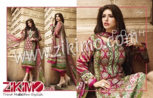 Pink and Green Printed Cotton Satin Un-stitched Straight Suit With Bamberg Dupatta 4510