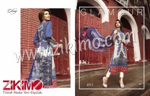 Blue and Cream Printed Cotton Satin Un-stitched Straight Suit With Bamberg Dupatta 4511