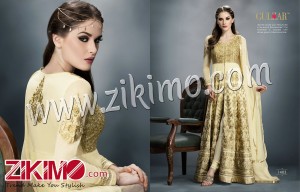 Gulzar Pale Yellow Georgette Motif and Stone Work Anarkali Suit 1403