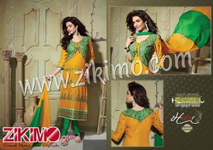Khushika Hoor Green and Yellow Pure Cotton Long Straight Suit 6008