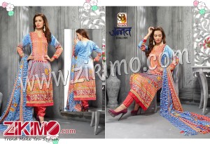 Jannat AquaBlue and CarrotRed Printed Pashmina Un-stitched Daily Wear/Party Wear Straght Suit 1389