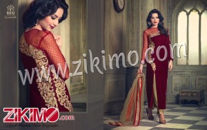 Glamour Mohini Mumtaz Velvet Maroon Winter Wear Party Wear Suit With Smoke Work on Bottom 23003