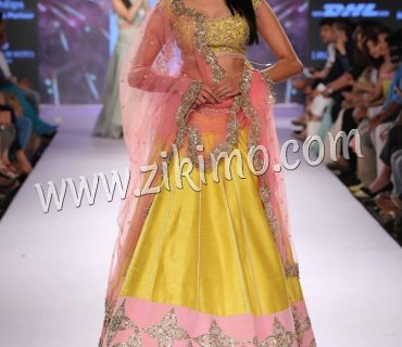Baby Pink And Yellow Raw Silk Contrast Pretty Embroirdered Lehnega choli with Pink Dupatta 1 Baby Pink And Yellow Raw Silk Contrast Pretty Embroirdered Lehnega choli with Pink Dupatta