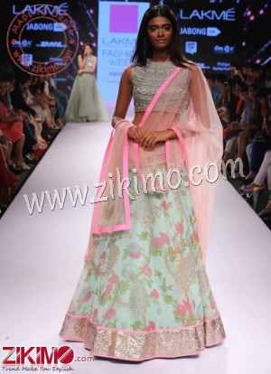 Sky blue Floral Printed Indian Wedding/Party Wear Lehenga Choli With Pink Dupatta