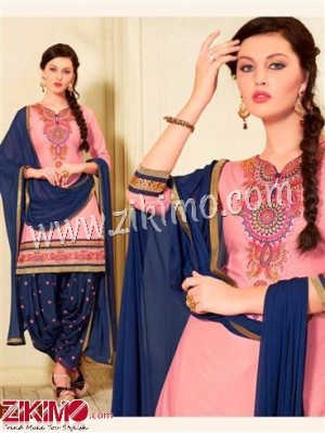CarnationPink and MidnightBlue Embroidered Cotton Un-stitched Patiyala Salwar Suit With Chiffon Dupatta 4757
