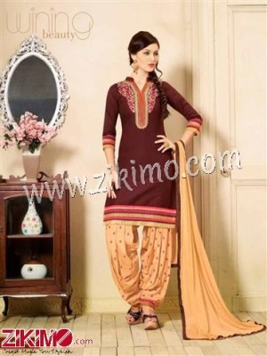 Brown and SandyBrown Embroidered Cotton Un-stitched Patiyala Salwar Suit With Chiffon Dupatta 4760