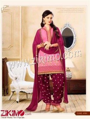 NeonPink Embroidered Cotton Un-stitched Patiyala Salwar Suit With Chiffon Dupatta 4761