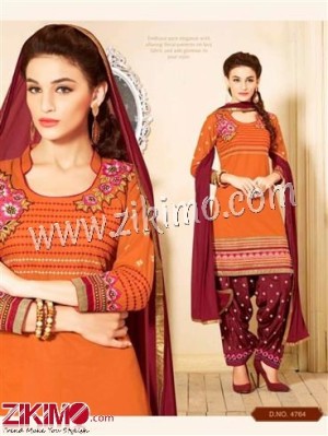 BrightOrange and Maroon Embroidered Cotton Un-stitched Patiyala Salwar Suit With Chiffon Dupatta 4764